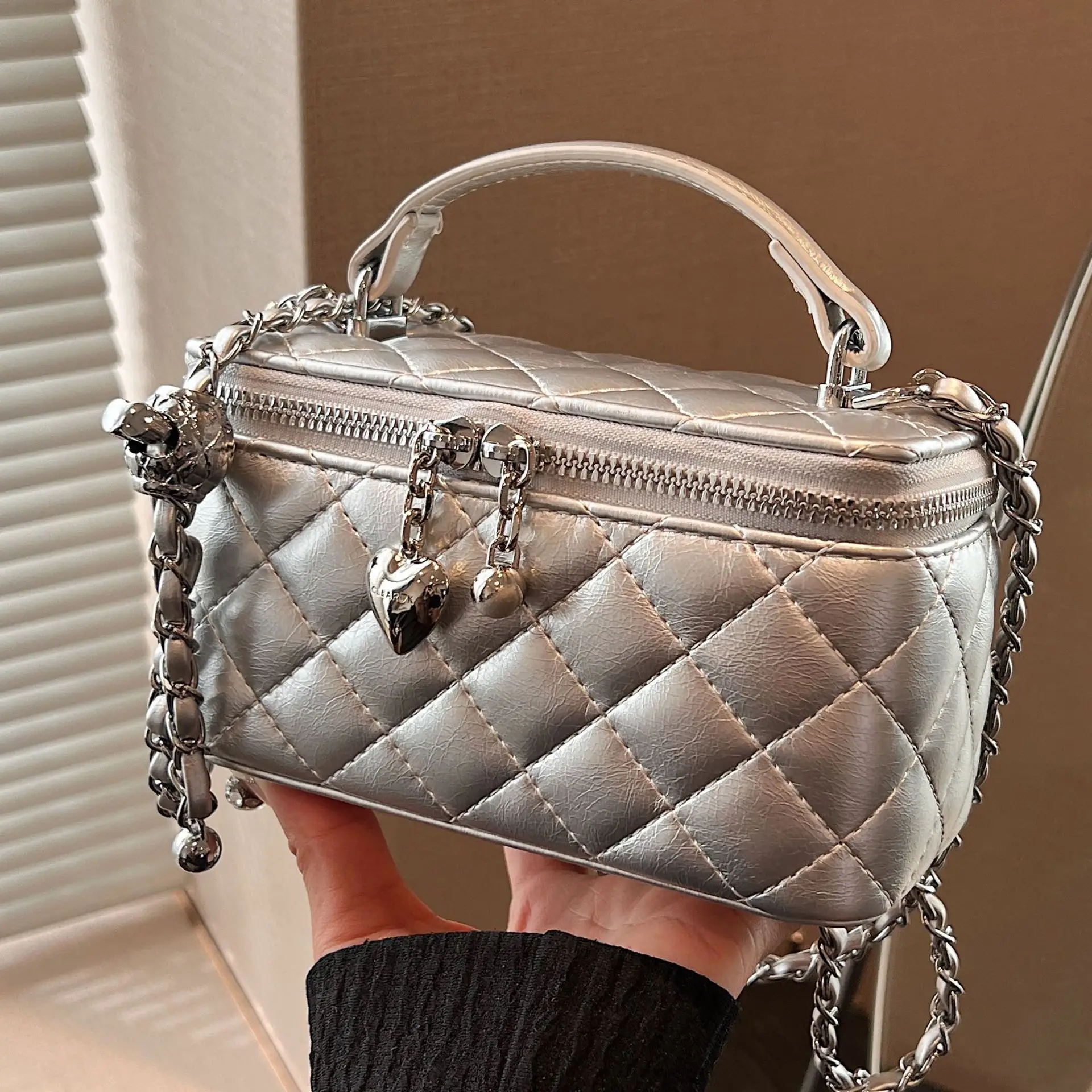 Silver Quilted Square Handbag for Women 2025