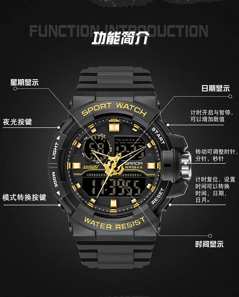 Sanda Sport Watch Purple Water Resistant Multifunctional Electronic — feature 16
