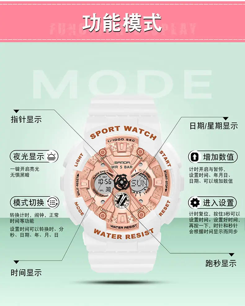 Sanda Sport Watch Purple Water Resistant Multifunctional Electronic — feature 34
