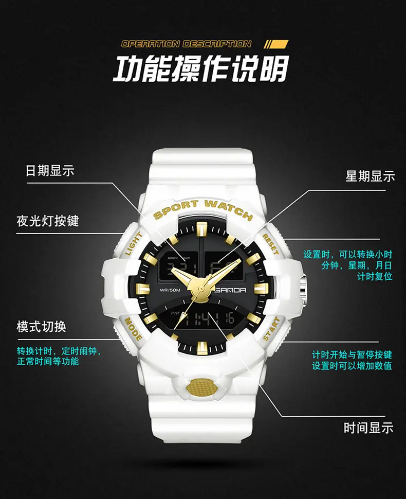 Sanda Sport Watch Purple Water Resistant Multifunctional Electronic — feature 6