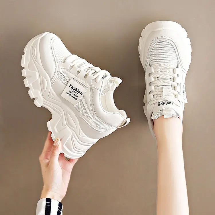 Dad's Shoes Women's 2025 New Summer Mesh Breathable Thin Inner Heightening White Shoes Thick-Soled Sports Shoes Hot Style - Image 2