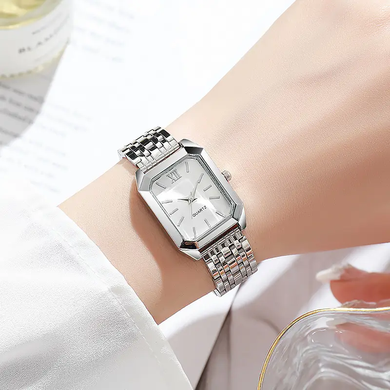 Women's Square Quartz Watch with Silver Steel Band