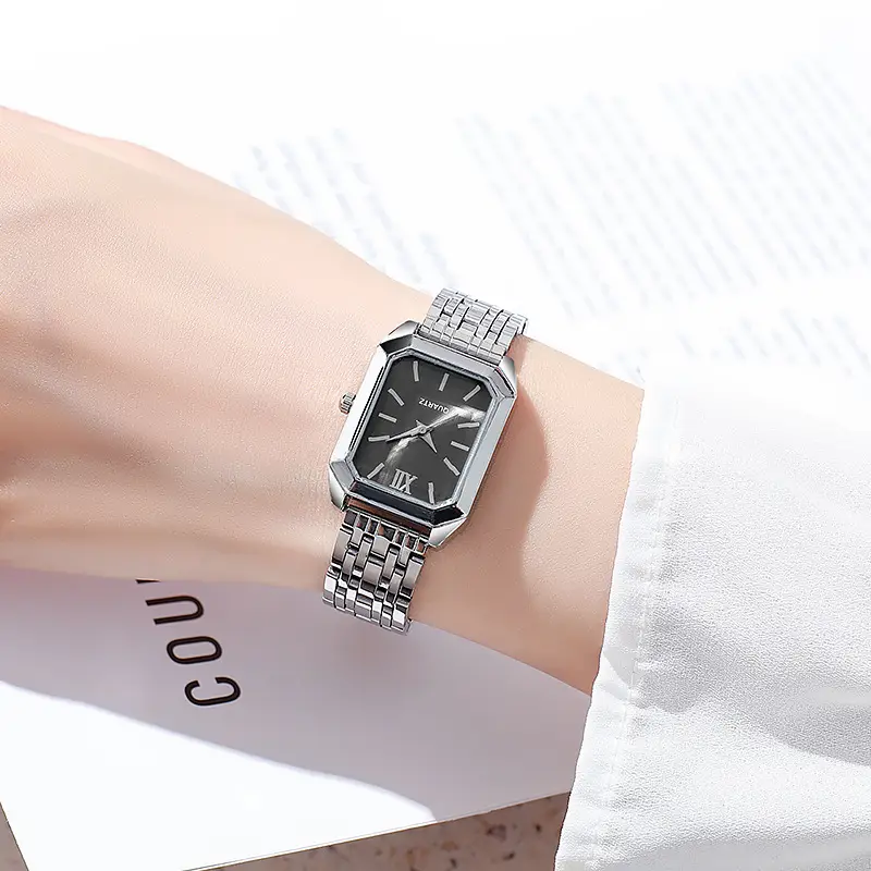 Women's Square Quartz Watch with Silver Steel Band