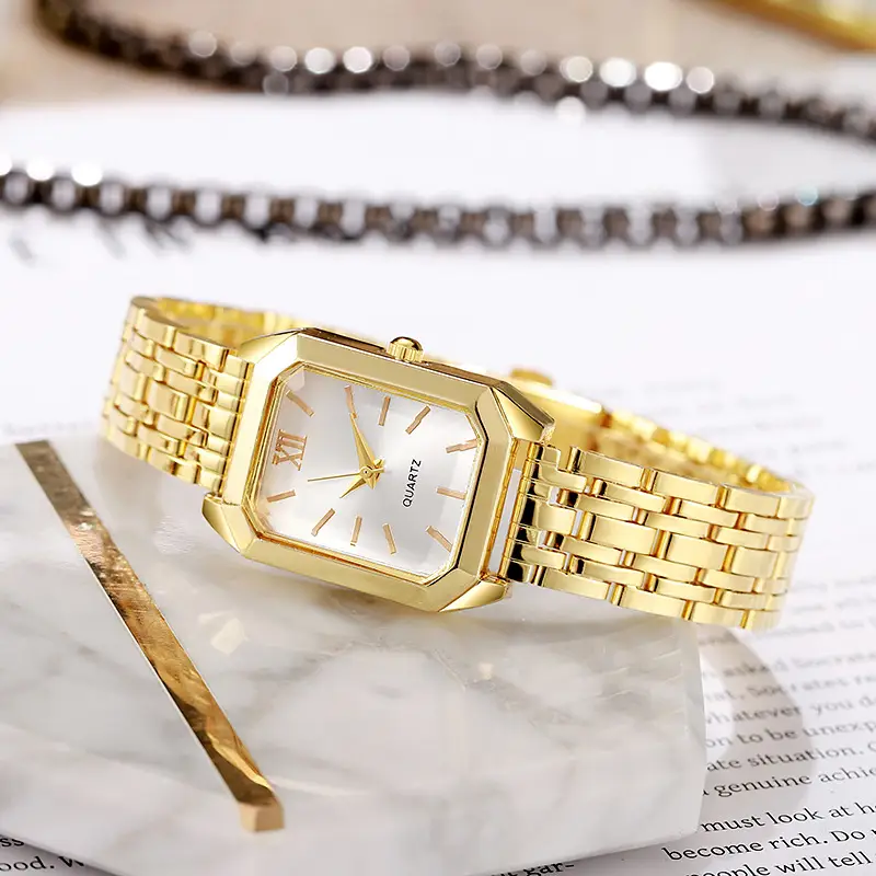 Gold Square Quartz Women's Watch with Chain Strap