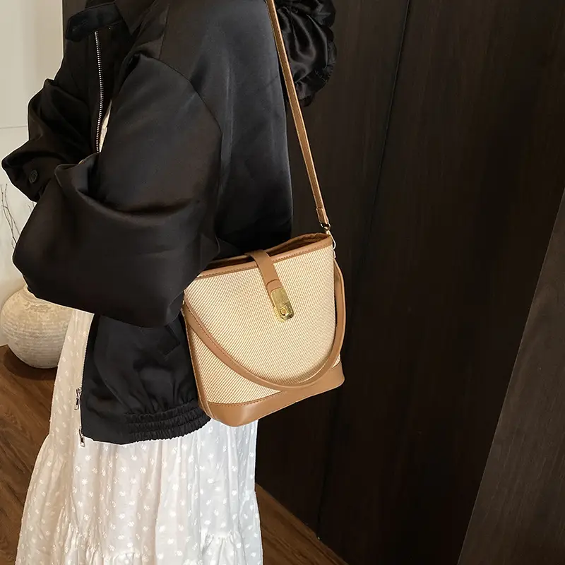 Women's Beige Mesh Crossbody Bag with Leather Strap
