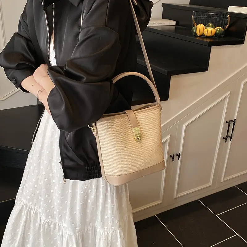 Women's Beige Mesh Crossbody Bag with Leather Strap