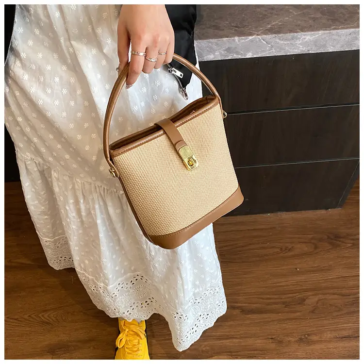 Women's Beige Mesh Crossbody Bag with Leather Strap — feature 24