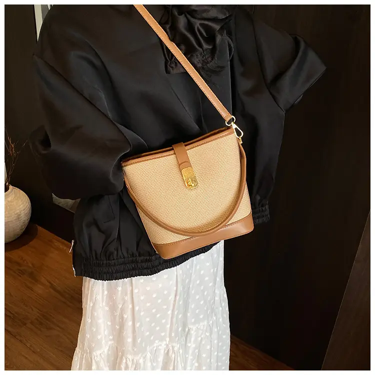 Women's Beige Mesh Crossbody Bag with Leather Strap — feature 29