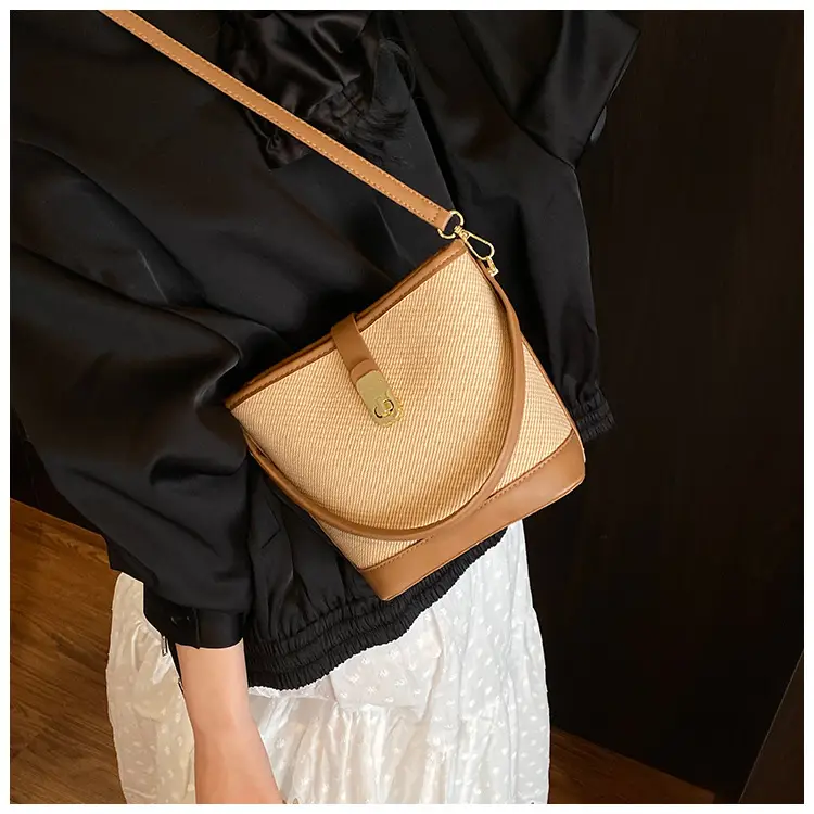 Women's Beige Mesh Crossbody Bag with Leather Strap — feature 30