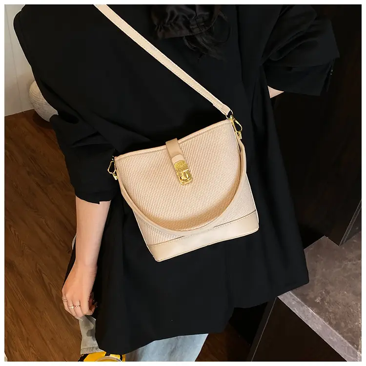Women's Beige Mesh Crossbody Bag with Leather Strap — feature 35