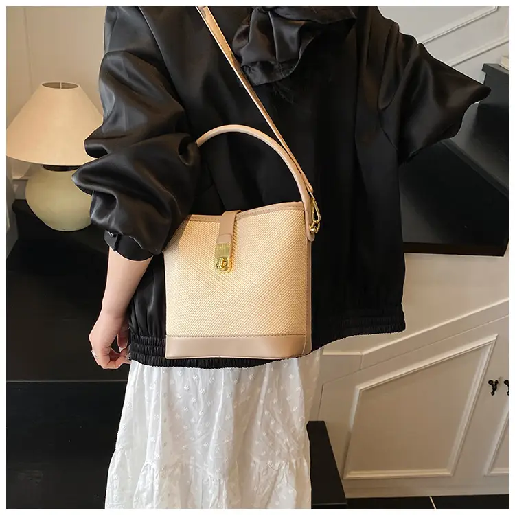 Women's Beige Mesh Crossbody Bag with Leather Strap — feature 45
