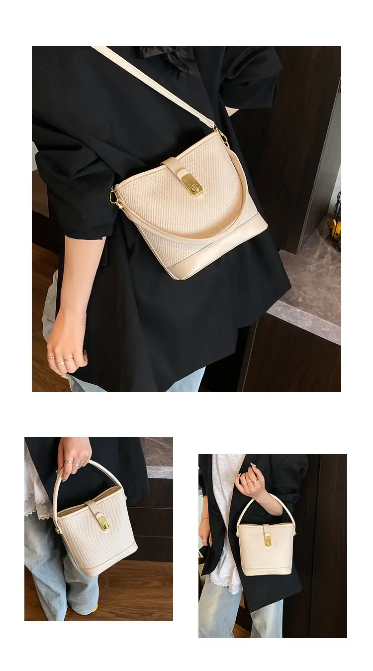Women's Beige Mesh Crossbody Bag with Leather Strap — feature 7