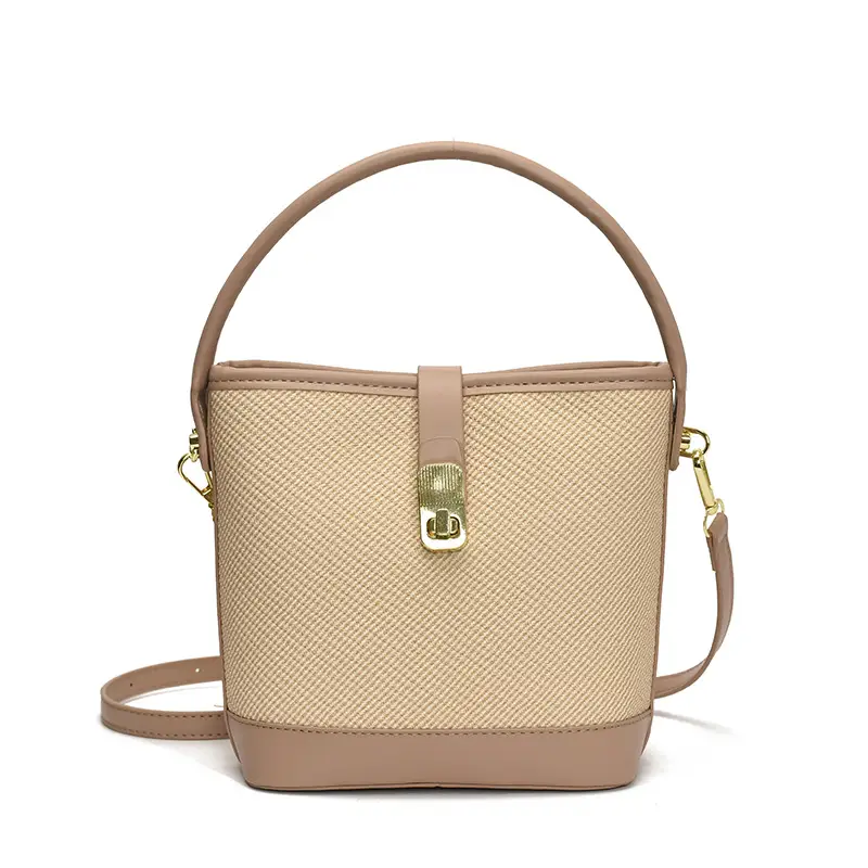 Women's Beige Mesh Crossbody Bag with Leather Strap