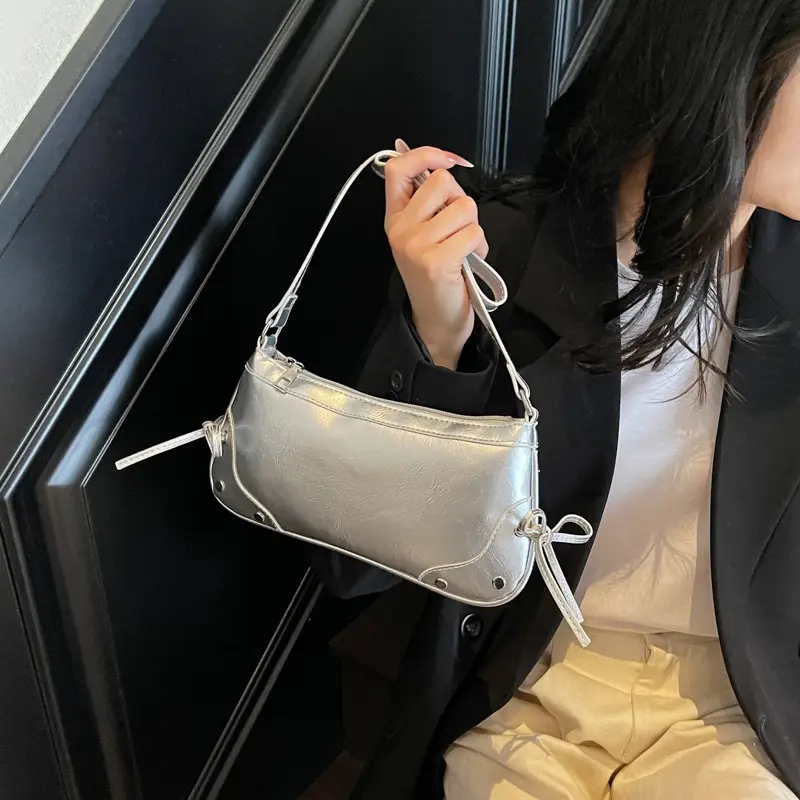 Pink Underarm Bag for Women, Small, Double Bow, Leather Feel - Image 6