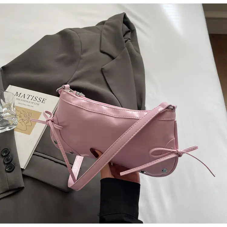 Pink Underarm Bag for Women, Small, Double Bow, Leather Feel — feature 21