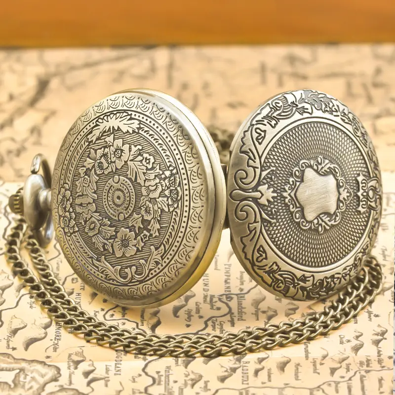 Retro European Pocket Watch with Chain & Carved Design