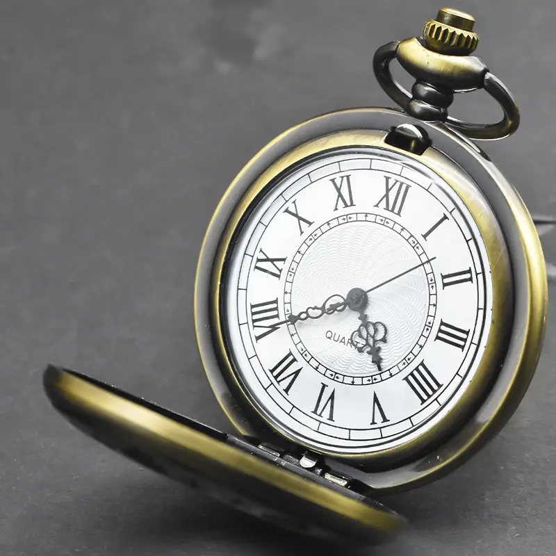 Retro European Pocket Watch with Chain & Carved Design