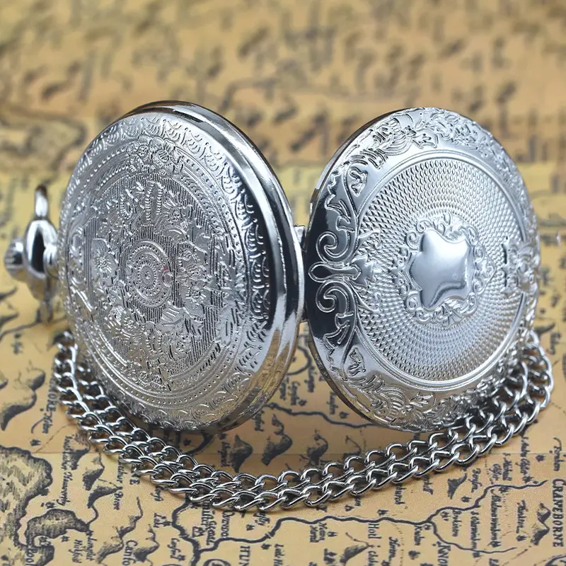 Retro European Pocket Watch with Chain & Carved Design — feature 11