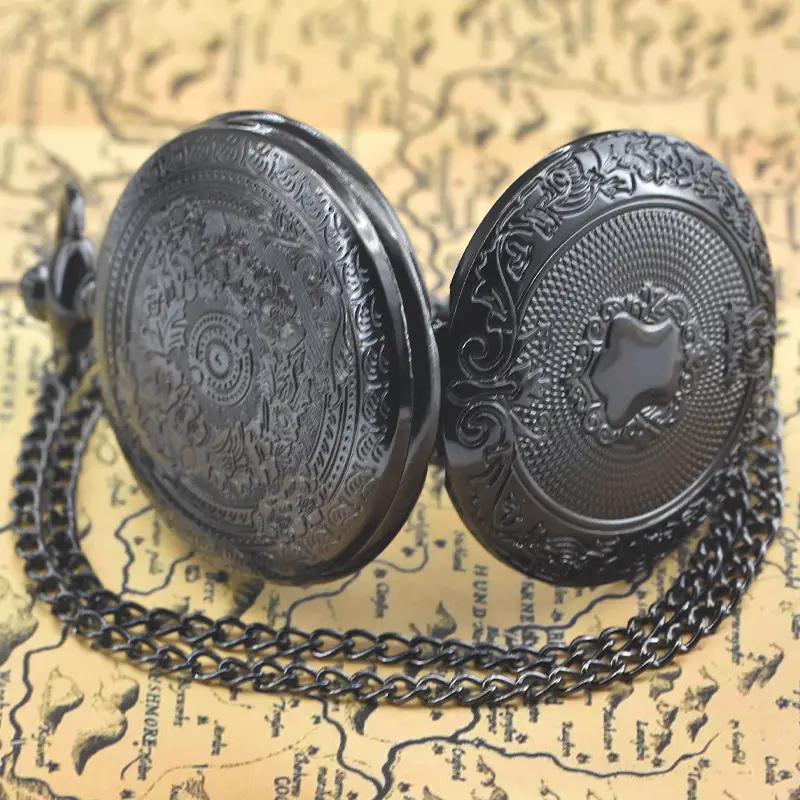 Retro European Pocket Watch with Chain & Carved Design — feature 9