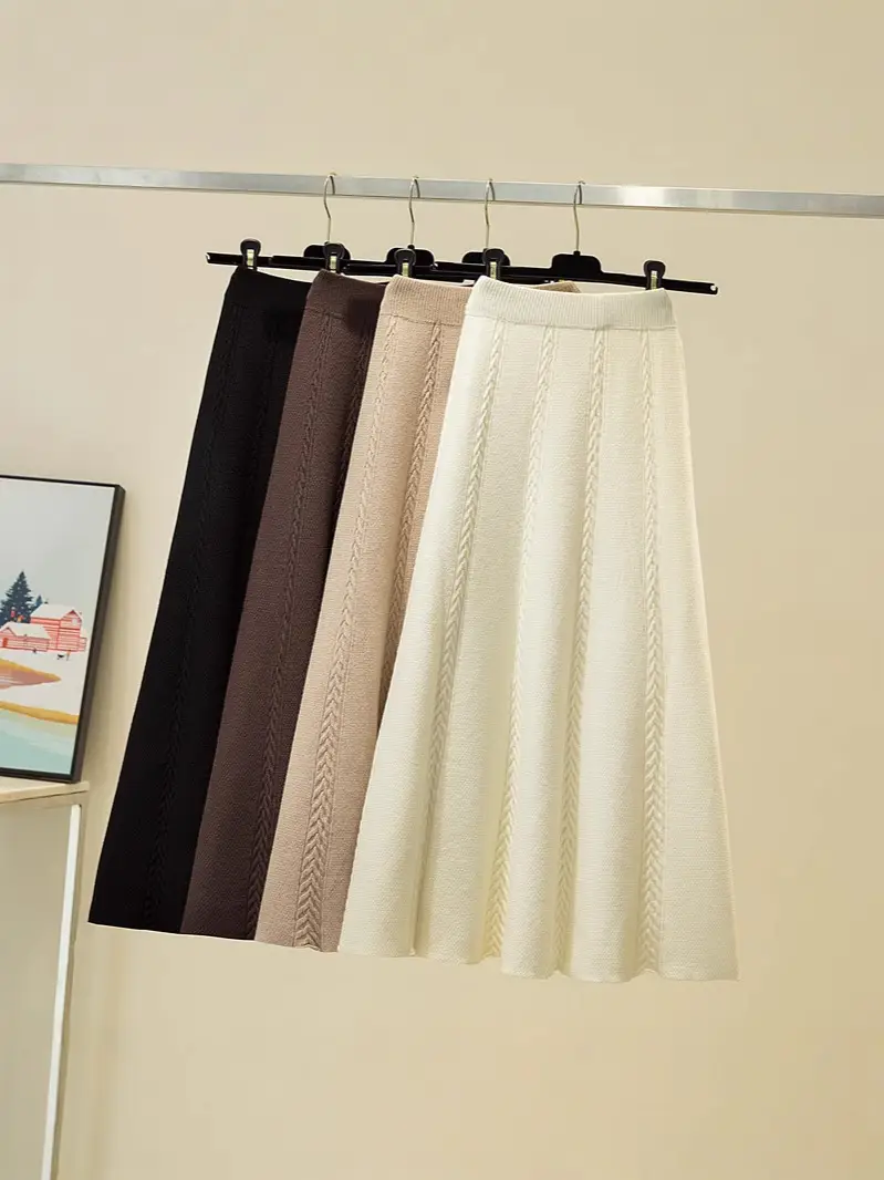 Knitted Wool A-Line Skirt Large Size White - Image 11