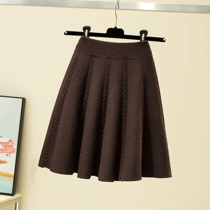 Knitted Wool A-Line Skirt Large Size White - Image 3
