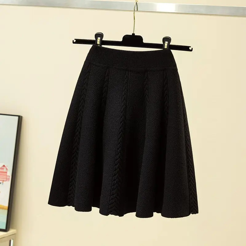 Knitted Wool A-Line Skirt Large Size White - Image 4