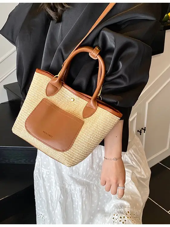 Women Crossbody Straw Tote Bag Red Orange 2026