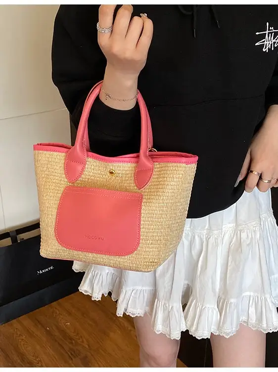 Women Crossbody Straw Tote Bag Red Orange 2026