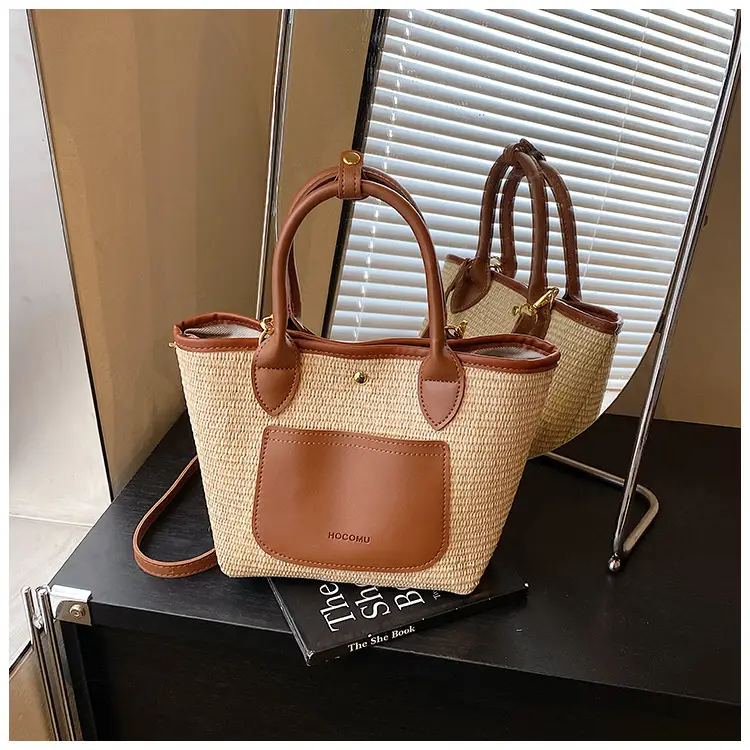 Women Crossbody Straw Tote Bag Red Orange 2026