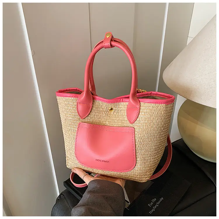Women Crossbody Straw Tote Bag Red Orange 2026
