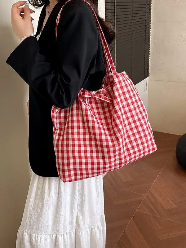 Red Plaid Canvas Shoulder Bag 2025 Large Capacity Travel Tote - Image 5