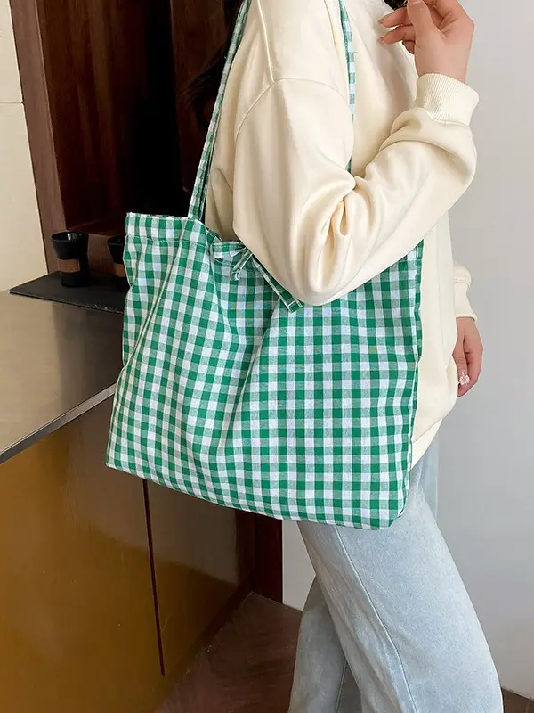 Red Plaid Canvas Shoulder Bag 2025 Large Capacity Travel Tote - Image 6