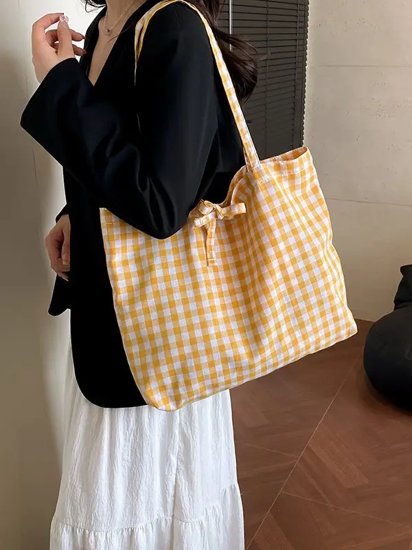Red Plaid Canvas Shoulder Bag 2025 Large Capacity Travel Tote - Image 7