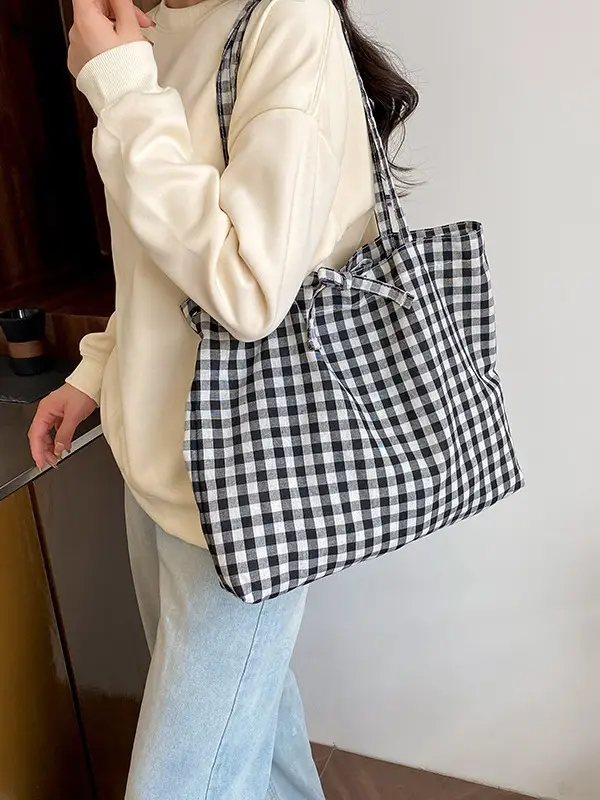 Red Plaid Canvas Shoulder Bag 2025 Large Capacity Travel Tote - Image 8