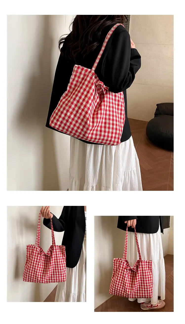 Red Plaid Canvas Shoulder Bag 2025 Large Capacity Travel Tote — feature 15