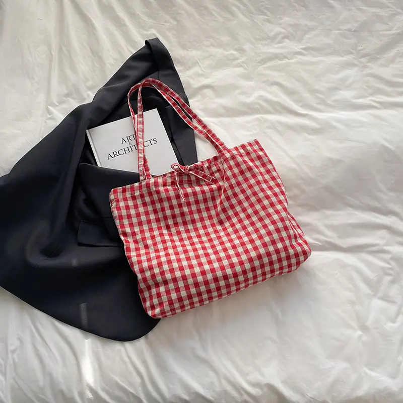 Red Plaid Canvas Shoulder Bag 2025 Large Capacity Travel Tote - Image 3