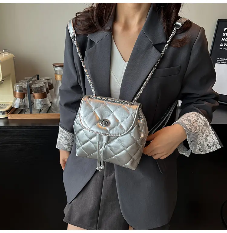 Beige Quilted One Shoulder Backpack for Women — feature 19