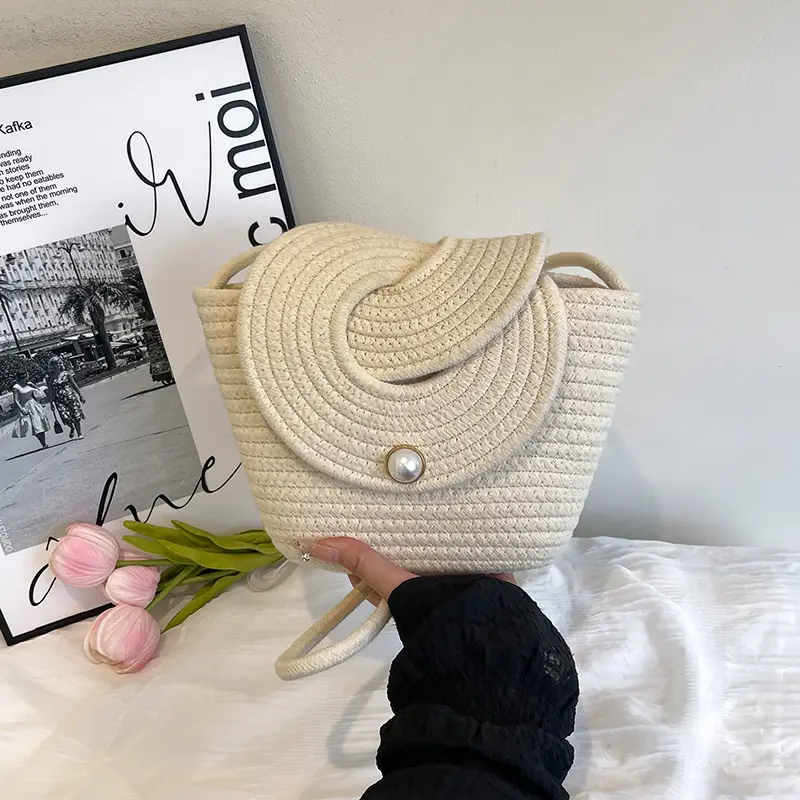 Women's Straw Pearl Crossbody Bag Mini Beach Bag - Image 5