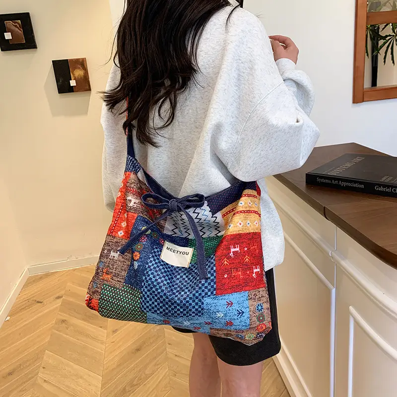 Women's Patchwork Canvas Tote Bag Large Capacity - Image 2