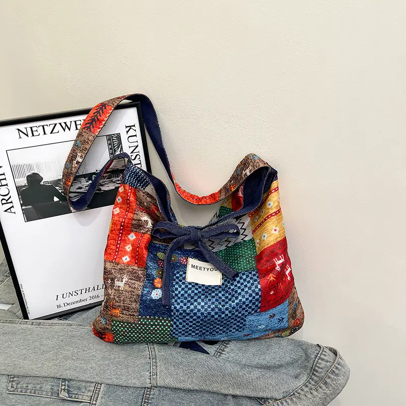 Women's Patchwork Canvas Tote Bag Large Capacity - Image 3