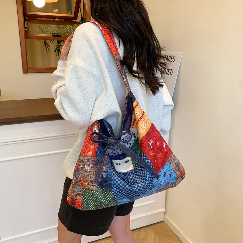 Women's Patchwork Canvas Tote Bag Large Capacity - Image 4