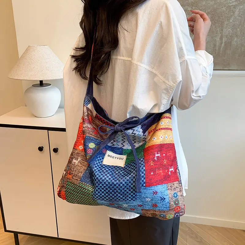 Women's Patchwork Canvas Tote Bag Large Capacity - Image 5