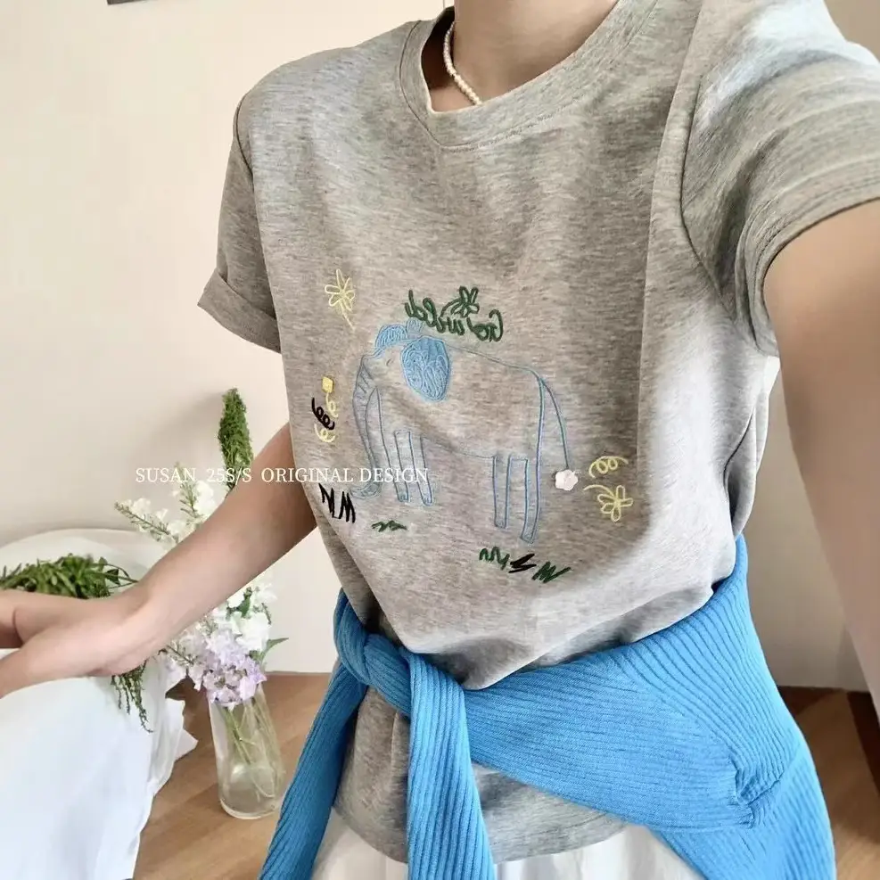 Elephant Print T-Shirt Grey Cotton Spring Summer Wear - Image 6
