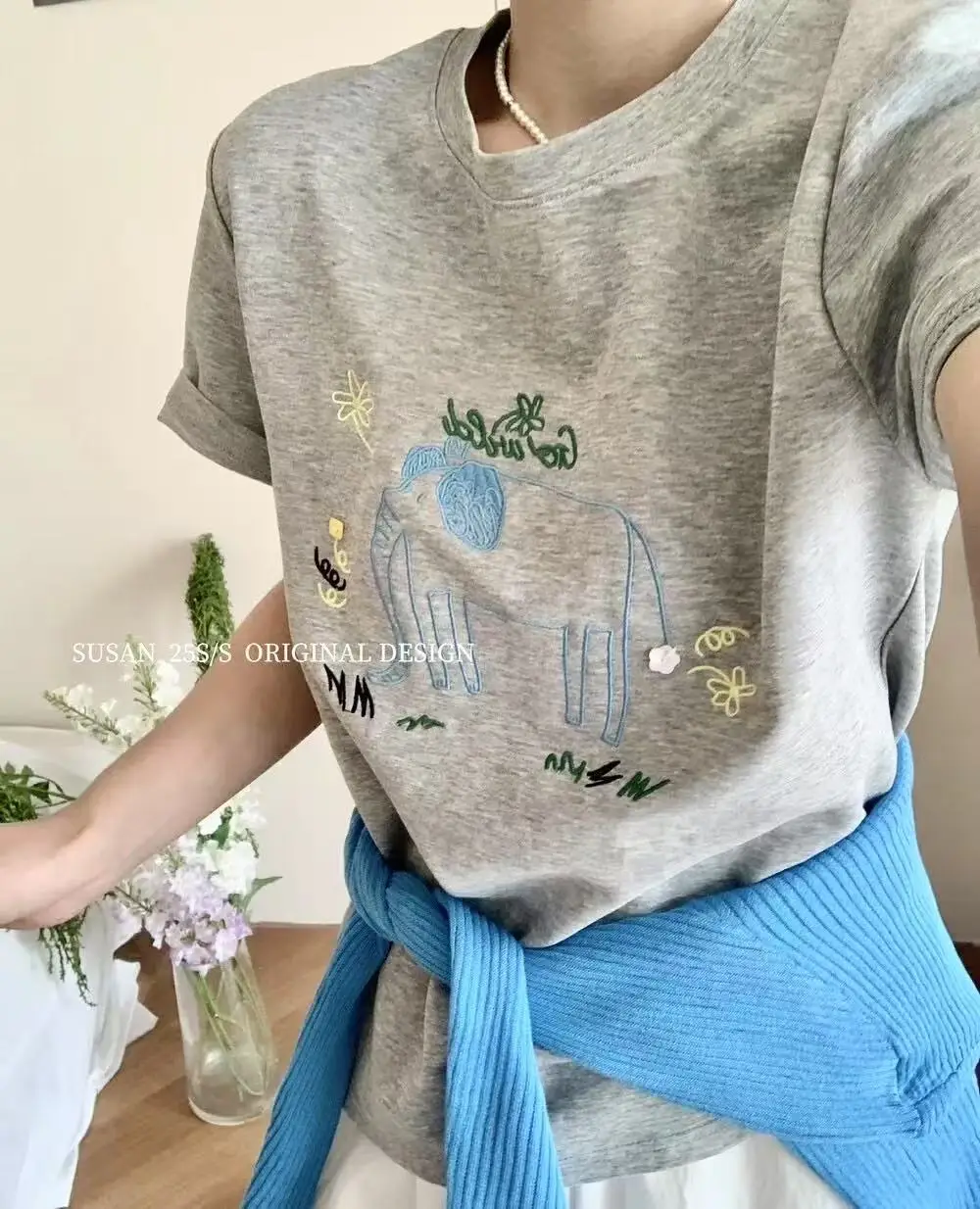 Elephant Print T-Shirt Grey Cotton Spring Summer Wear — feature 2