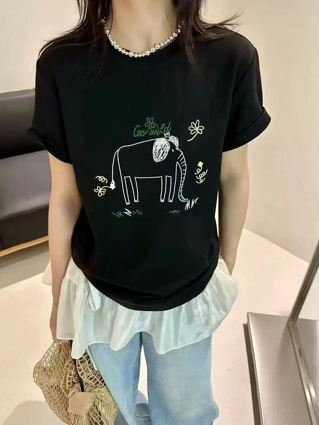 Elephant Print T-Shirt Grey Cotton Spring Summer Wear - Image 3