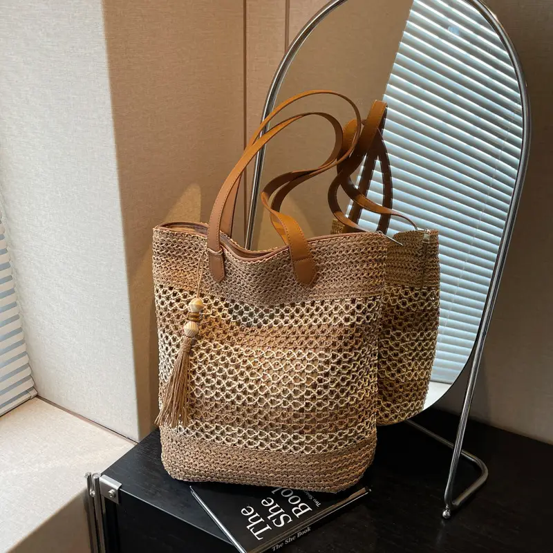 Straw Tote Bag Forest Color Casual Commute Vacation - Image 3