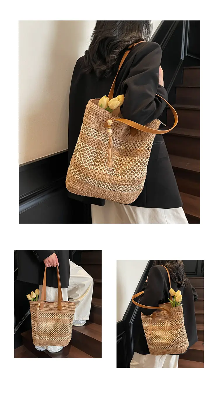 Straw Tote Bag Forest Color Casual Commute Vacation — feature 10