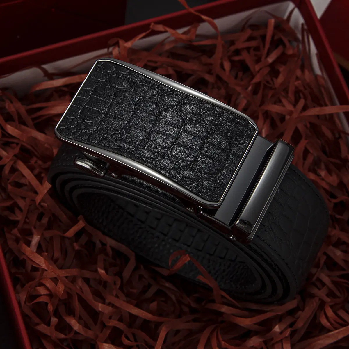 Men's Black Croc Embellished Buckle Belt - Image 3