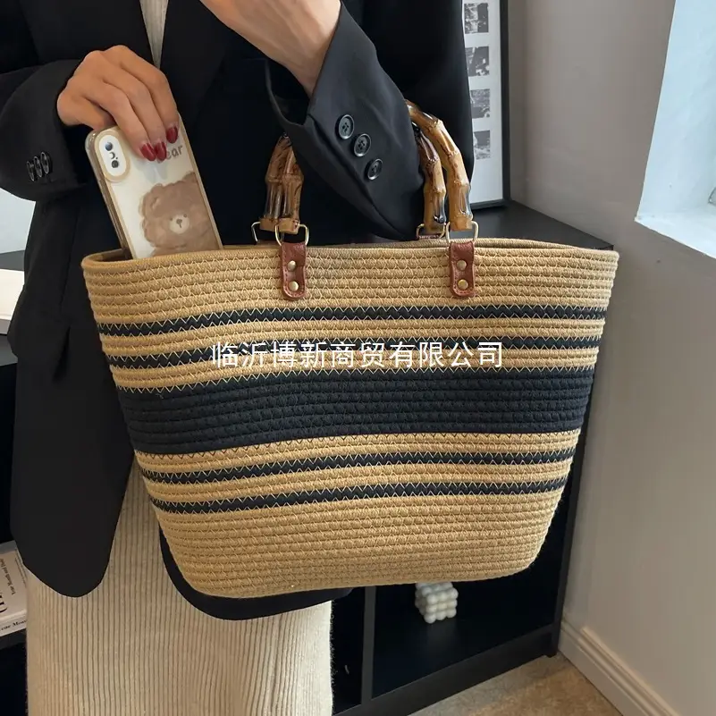Women Bamboo Patchwork Tote Bag with Leather Handle - Image 7
