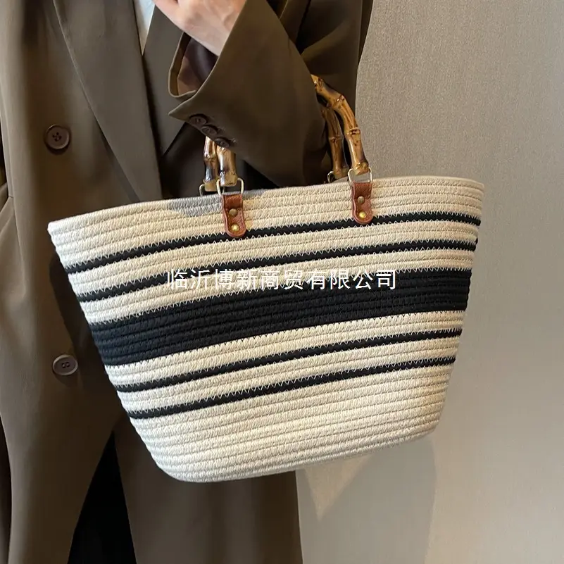 Women Bamboo Patchwork Tote Bag with Leather Handle - Image 8